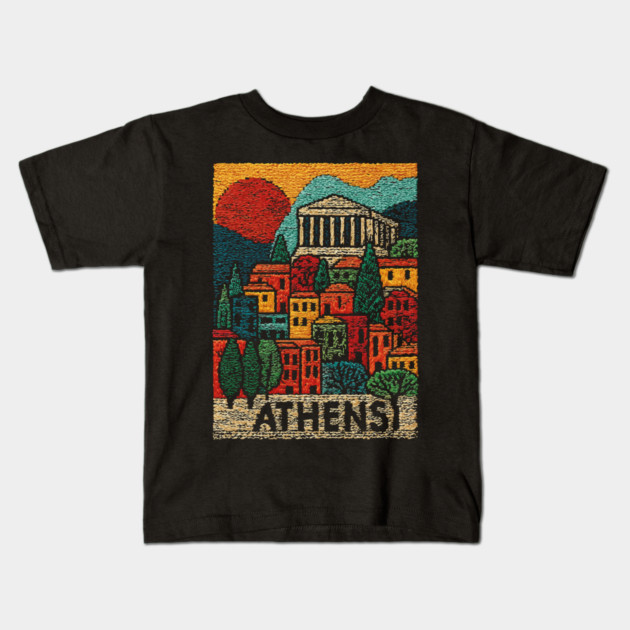 Athens Greece Vintage Embroidered Travel Poster | Retro Greek Landmark Souvenir Kids T-Shirt by TuncGK