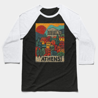 Athens Greece Vintage Embroidered Travel Poster | Retro Greek Landmark Souvenir Baseball T-Shirt