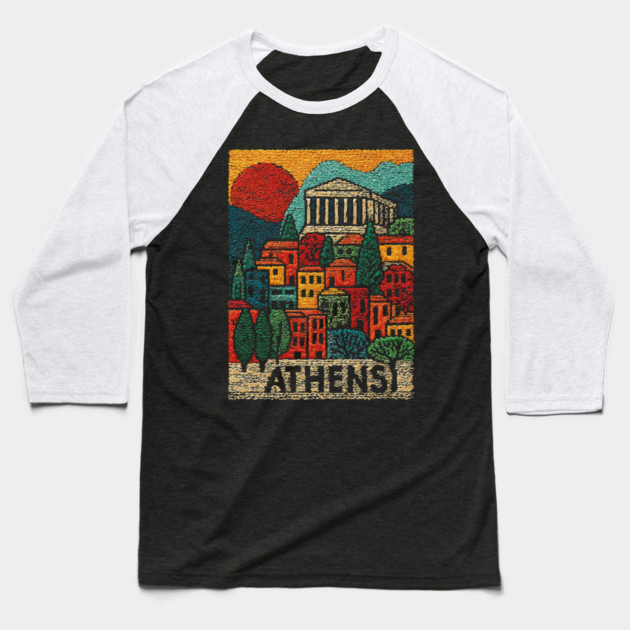 Athens Greece Vintage Embroidered Travel Poster | Retro Greek Landmark Souvenir Baseball T-Shirt by TuncGK