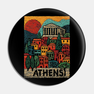 Athens Greece Vintage Embroidered Travel Poster | Retro Greek Landmark Souvenir Pin