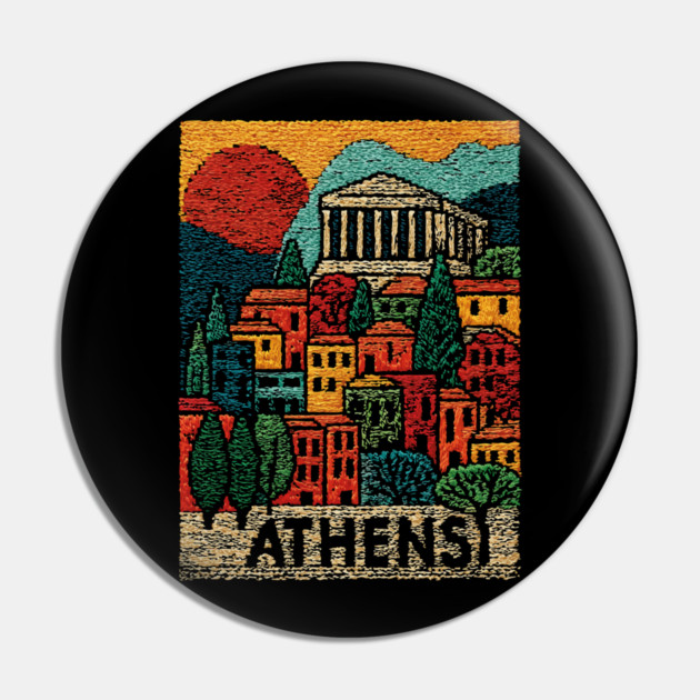Athens Greece Vintage Embroidered Travel Poster | Retro Greek Landmark Souvenir Pin by TuncGK