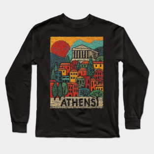 Athens Greece Vintage Embroidered Travel Poster | Retro Greek Landmark Souvenir Long Sleeve T-Shirt