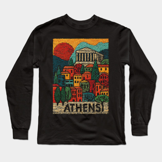 Athens Greece Vintage Embroidered Travel Poster | Retro Greek Landmark Souvenir Long Sleeve T-Shirt by TuncGK