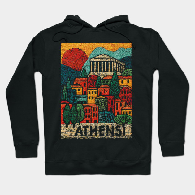 Athens Greece Vintage Embroidered Travel Poster | Retro Greek Landmark Souvenir Hoodie by TuncGK