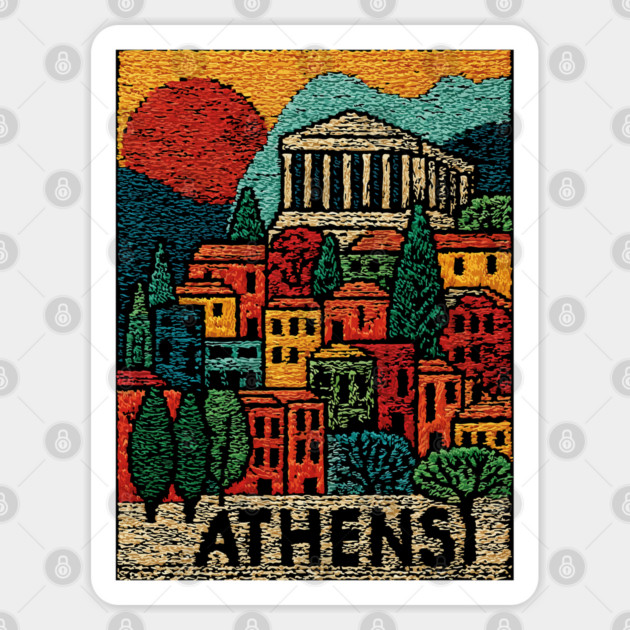 Athens Greece Vintage Embroidered Travel Poster | Retro Greek Landmark Souvenir Sticker by TuncGK