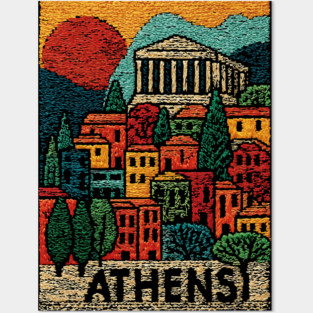 Athens Greece Vintage Embroidered Travel Poster | Retro Greek Landmark Souvenir Posters and Art