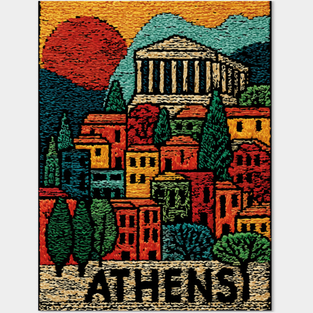 Athens Greece Vintage Embroidered Travel Poster | Retro Greek Landmark Souvenir Wall Art by TuncGK