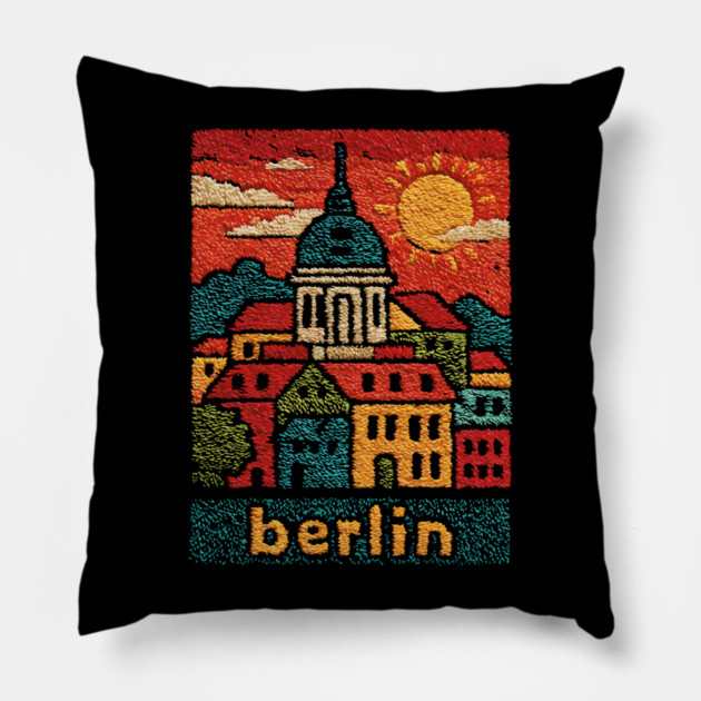 Berlin Germany Vintage Embroidered Travel Poster | Retro German Cityscape Souvenir Pillow by TuncGK