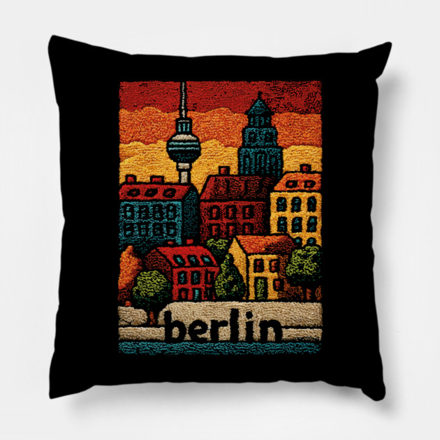 Berlin Architecture Folk Art Poster | Vintage Stitched Germany City Souvenir Pillow by TuncGK
