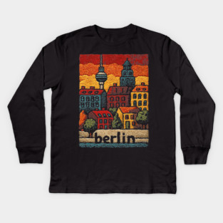 Berlin Architecture Folk Art Poster | Vintage Stitched Germany City Souvenir Kids Long Sleeve T-Shirt