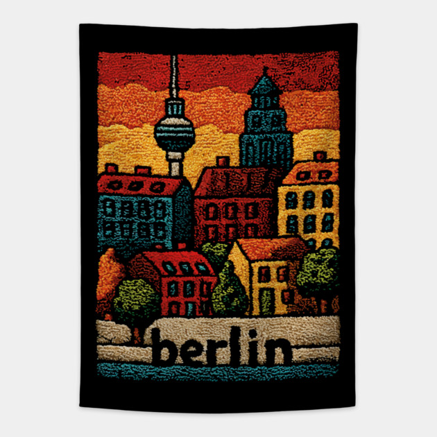 Berlin Architecture Folk Art Poster | Vintage Stitched Germany City Souvenir Tapestry by TuncGK