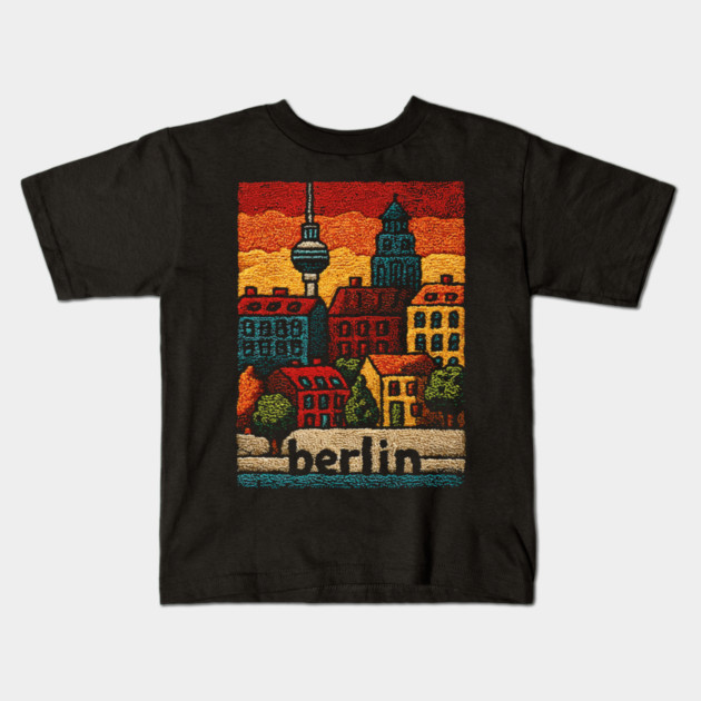 Berlin Architecture Folk Art Poster | Vintage Stitched Germany City Souvenir Kids T-Shirt by TuncGK