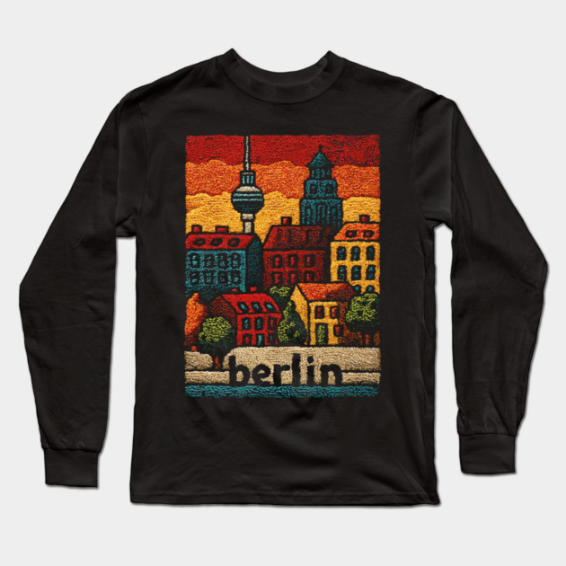 Berlin Architecture Folk Art Poster | Vintage Stitched Germany City Souvenir Long Sleeve T-Shirt by TuncGK