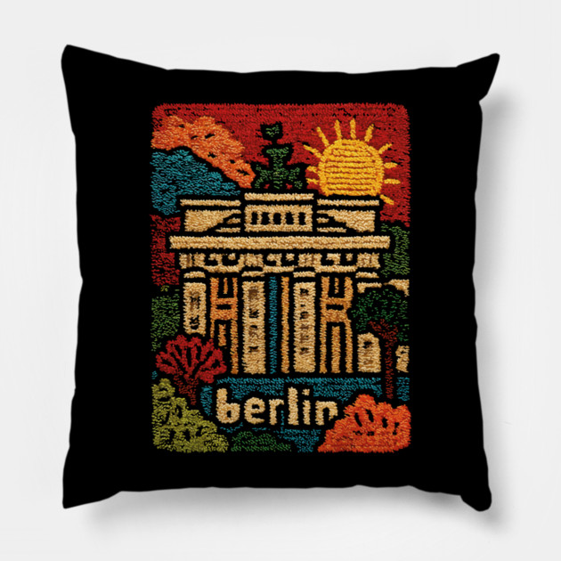 Brandenburg Gate Berlin Vintage Patch Poster | Retro Germany Travel Souvenir Pillow by TuncGK