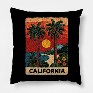 California Road Trip Vintage Embroidered Poster | Retro West Coast Travel Souvenir Pillow