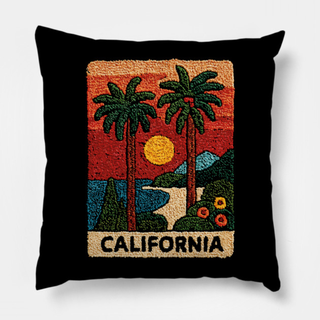 California Road Trip Vintage Embroidered Poster | Retro West Coast Travel Souvenir Pillow by TuncGK