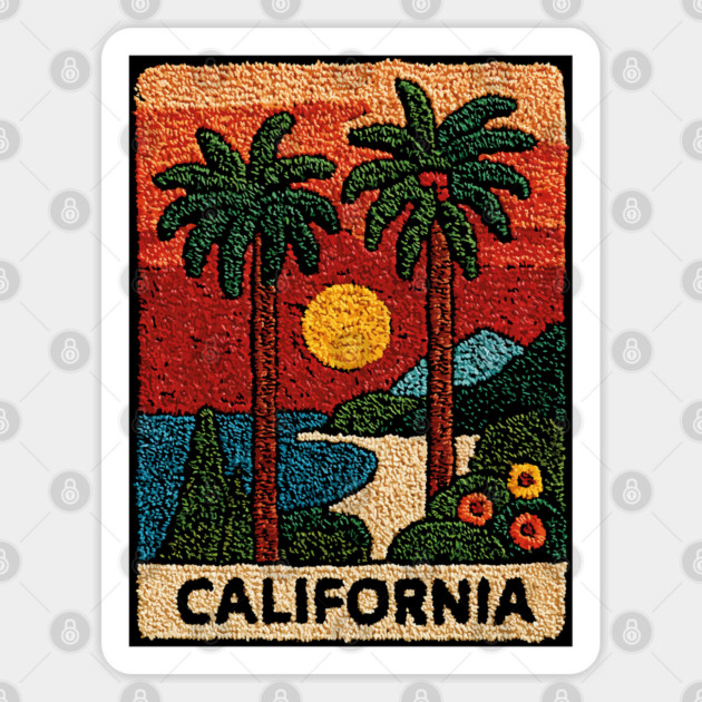 California Road Trip Vintage Embroidered Poster | Retro West Coast Travel Souvenir Sticker by TuncGK
