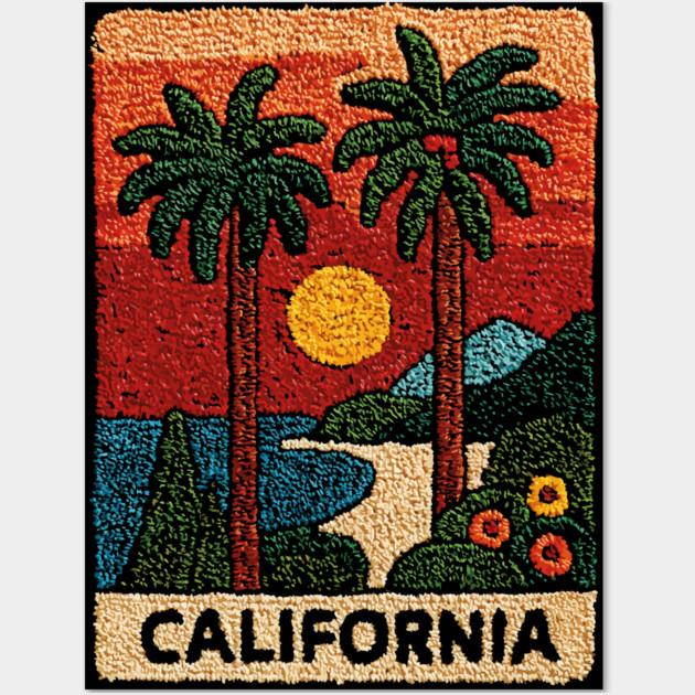 California Road Trip Vintage Embroidered Poster | Retro West Coast Travel Souvenir Wall Art by TuncGK