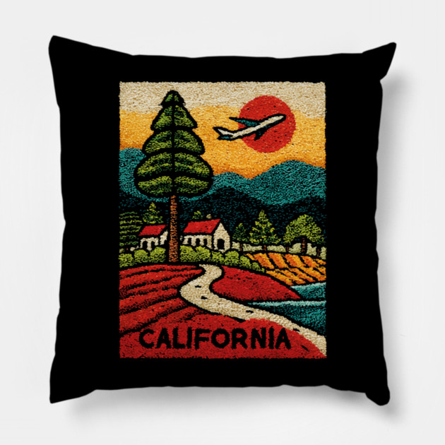 California Adventure Awaits Embroidered Poster | Retro Road Trip & Travel Souvenir Pillow by TuncGK