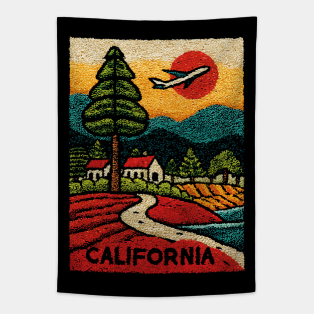 California Adventure Awaits Embroidered Poster | Retro Road Trip & Travel Souvenir Tapestry by TuncGK