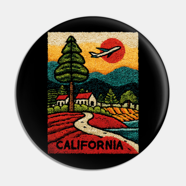California Adventure Awaits Embroidered Poster | Retro Road Trip & Travel Souvenir Pin by TuncGK