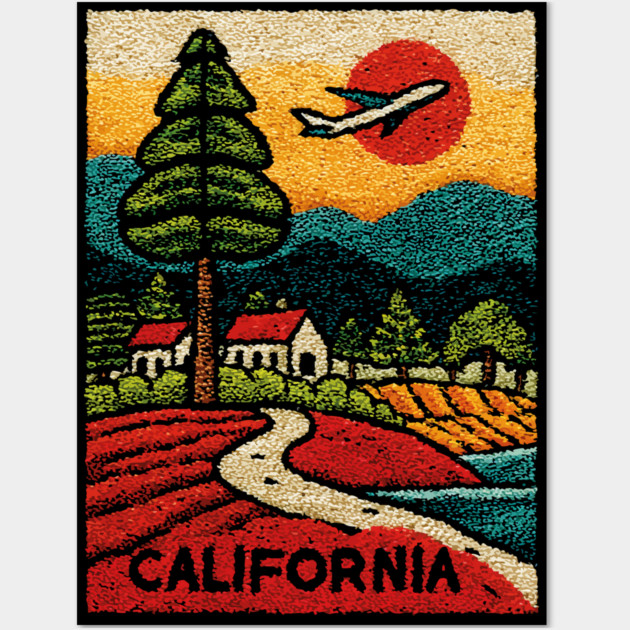 California Adventure Awaits Embroidered Poster | Retro Road Trip & Travel Souvenir Wall Art by TuncGK