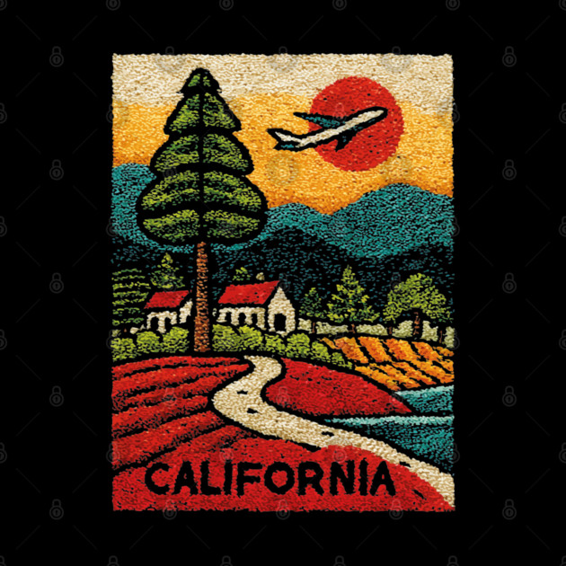 California Adventure Awaits Embroidered Poster | Retro Road Trip & Travel Souvenir by TuncGK