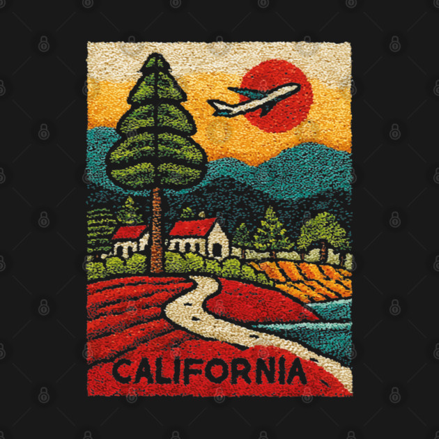 California Adventure Awaits Embroidered Poster | Retro Road Trip & Travel Souvenir by TuncGK