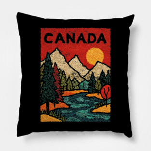Canadian Rockies Linocut Print | Vintage Alberta Wilderness Souvenir Pillow