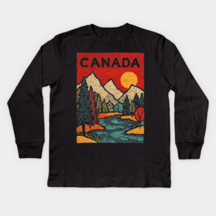 Canadian Rockies Linocut Print | Vintage Alberta Wilderness Souvenir Kids Long Sleeve T-Shirt