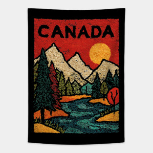 Canadian Rockies Linocut Print | Vintage Alberta Wilderness Souvenir Tapestry