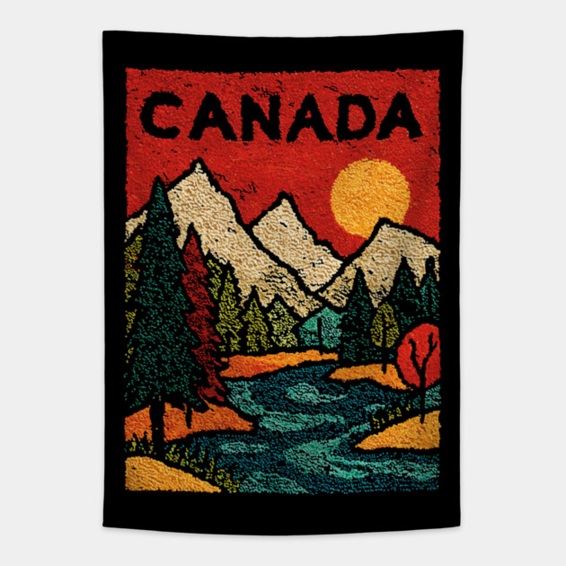 Canadian Rockies Linocut Print | Vintage Alberta Wilderness Souvenir Tapestry by TuncGK