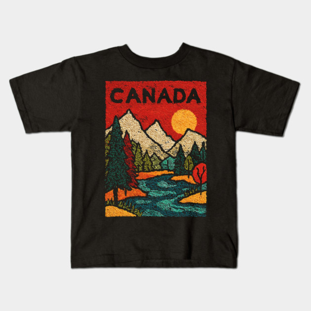 Canadian Rockies Linocut Print | Vintage Alberta Wilderness Souvenir Kids T-Shirt by TuncGK