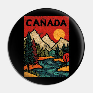 Canadian Rockies Linocut Print | Vintage Alberta Wilderness Souvenir Pin
