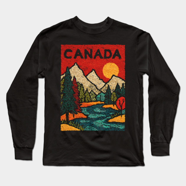 Canadian Rockies Linocut Print | Vintage Alberta Wilderness Souvenir Long Sleeve T-Shirt by TuncGK