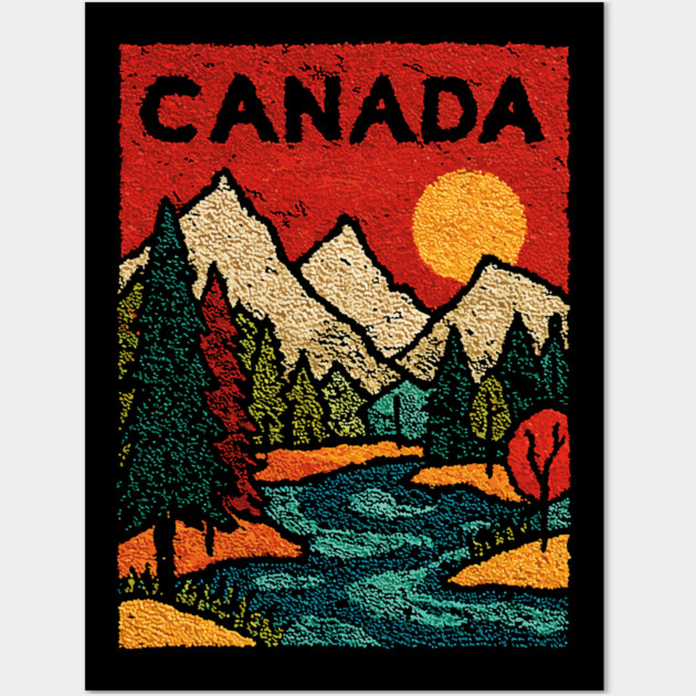 Canadian Rockies Linocut Print | Vintage Alberta Wilderness Souvenir Wall Art by TuncGK