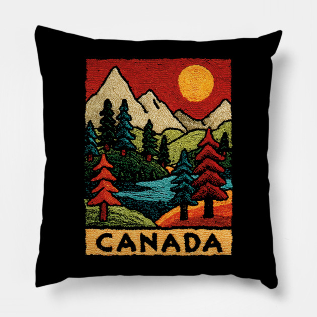 Autumn in Canada Linocut Print | Retro Ontario Cottage Country Pillow by TuncGK