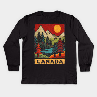 Autumn in Canada Linocut Print | Retro Ontario Cottage Country Kids Long Sleeve T-Shirt