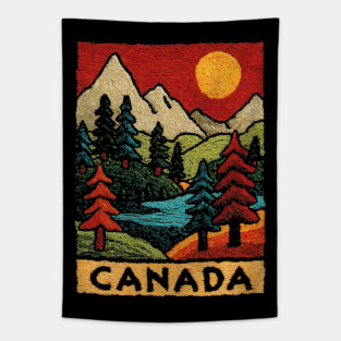 Autumn in Canada Linocut Print | Retro Ontario Cottage Country Tapestry