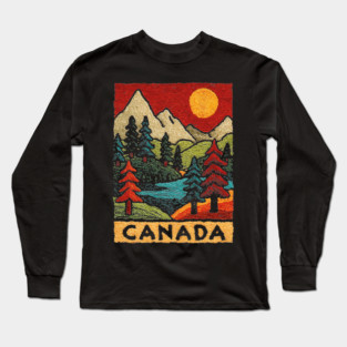 Autumn in Canada Linocut Print | Retro Ontario Cottage Country Long Sleeve T-Shirt