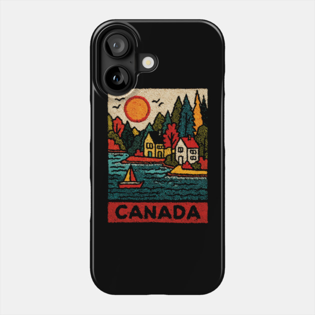 Canadian Maritime Village Linocut Print | Nova Scotia Coastal Town Phone Case by TuncGK
