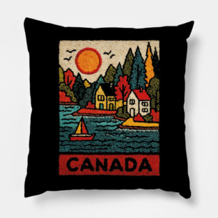 Canadian Maritime Village Linocut Print | Nova Scotia Coastal Town Pillow