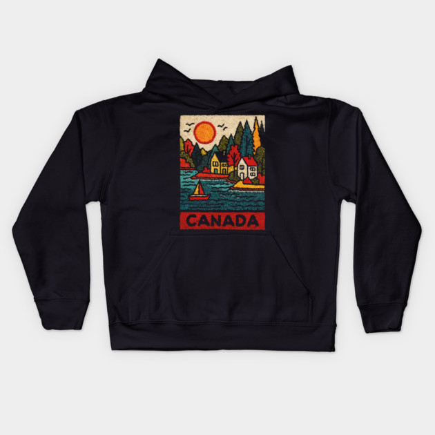 Canadian Maritime Village Linocut Print | Nova Scotia Coastal Town Kids Hoodie by TuncGK