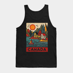 Canadian Maritime Village Linocut Print | Nova Scotia Coastal Town Tank Top