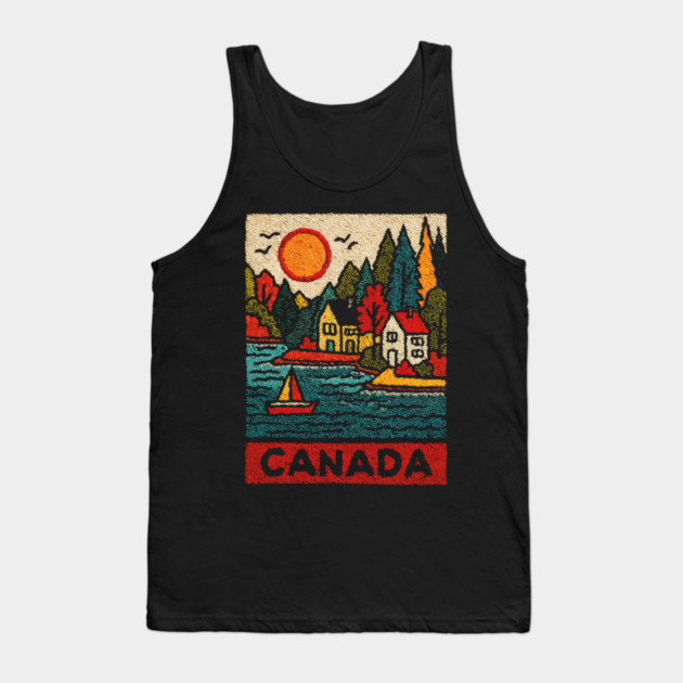 Canadian Maritime Village Linocut Print | Nova Scotia Coastal Town Tank Top by TuncGK