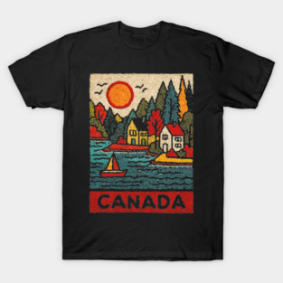 Canadian Maritime Village Linocut Print | Nova Scotia Coastal Town T-Shirt