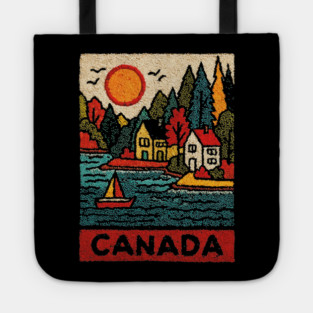 Canadian Maritime Village Linocut Print | Nova Scotia Coastal Town Tote