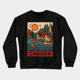 Canadian Maritime Village Linocut Print | Nova Scotia Coastal Town Crewneck Sweatshirt