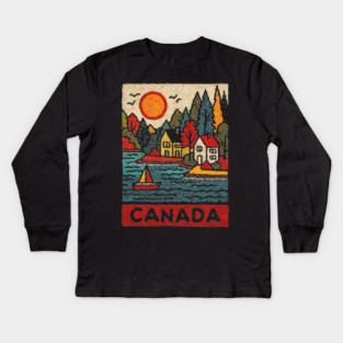 Canadian Maritime Village Linocut Print | Nova Scotia Coastal Town Kids Long Sleeve T-Shirt