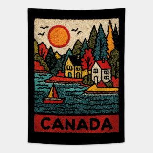 Canadian Maritime Village Linocut Print | Nova Scotia Coastal Town Tapestry